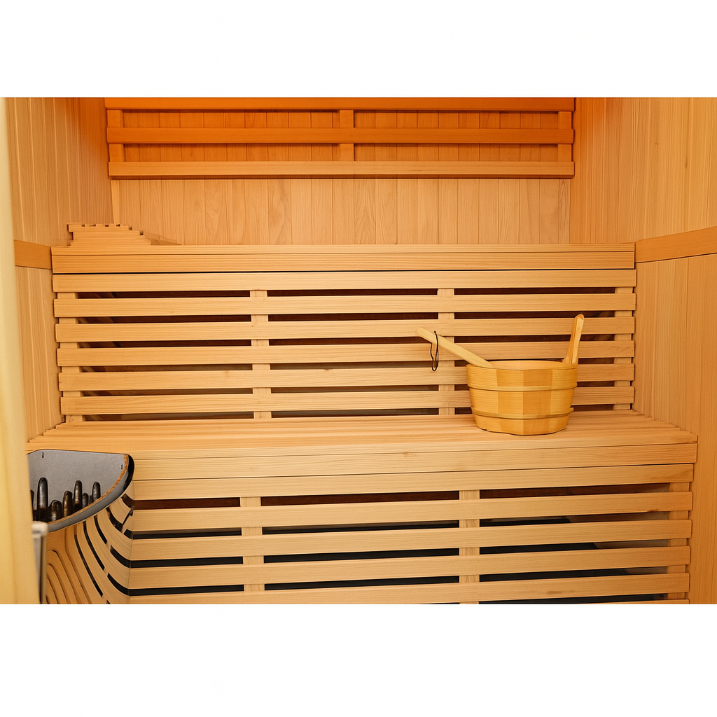 SunRay traditional 4-person indoor sauna with wooden bench and sauna bucket