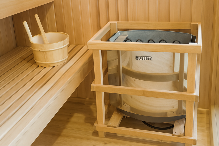 SunRay traditional 4-person indoor sauna heater with wooden bucket and ladle on wooden bench