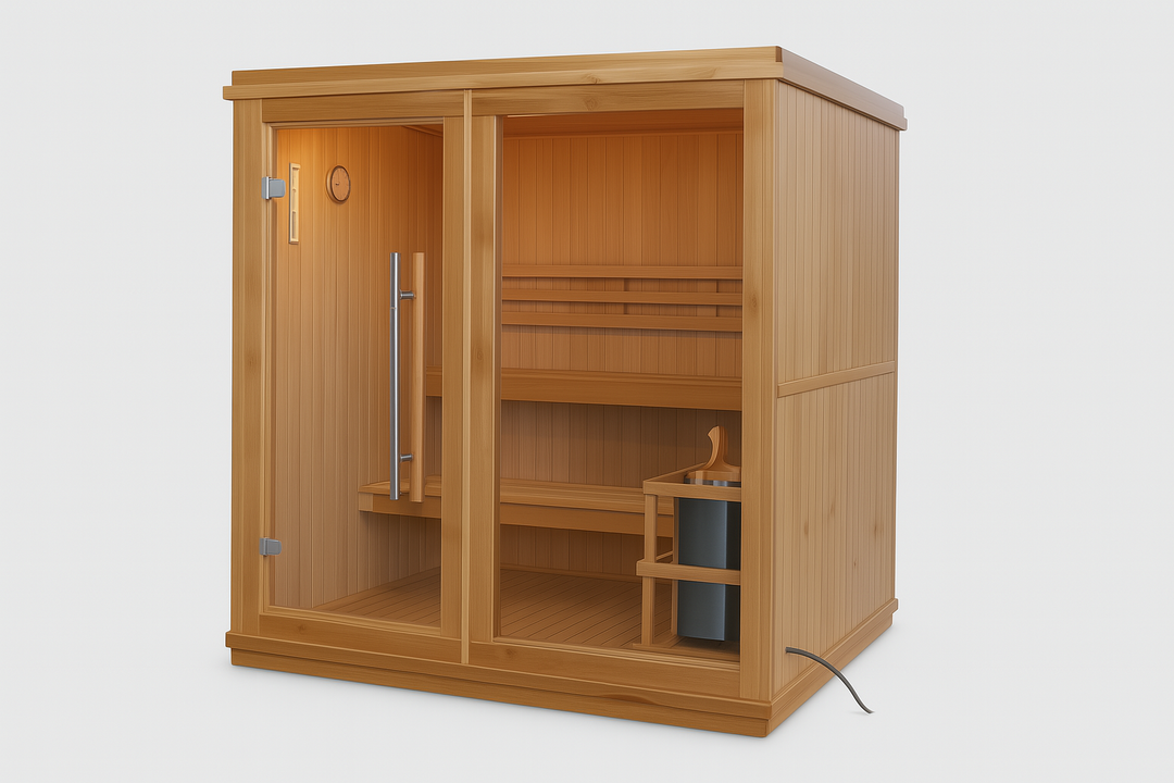 SunRay traditional 4-person indoor sauna made of natural wood with glass door and interior benches