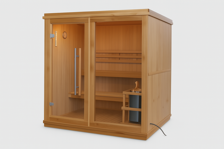 SunRay traditional 4-person indoor sauna made of natural wood with glass door and interior benches