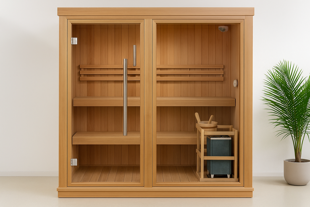 SunRay traditional 4-person indoor sauna made of smooth wood with glass doors and built-in heater