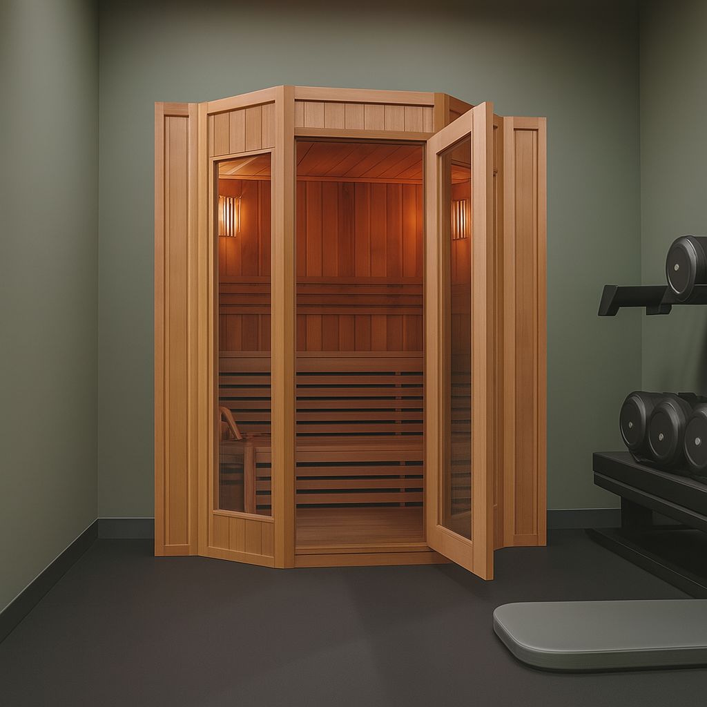 SunRay traditional 4-person indoor sauna with wooden panels and glass door in home gym