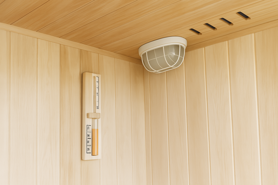 Interior corner of SunRay traditional 4-person indoor sauna with wooden panels and temperature gauge