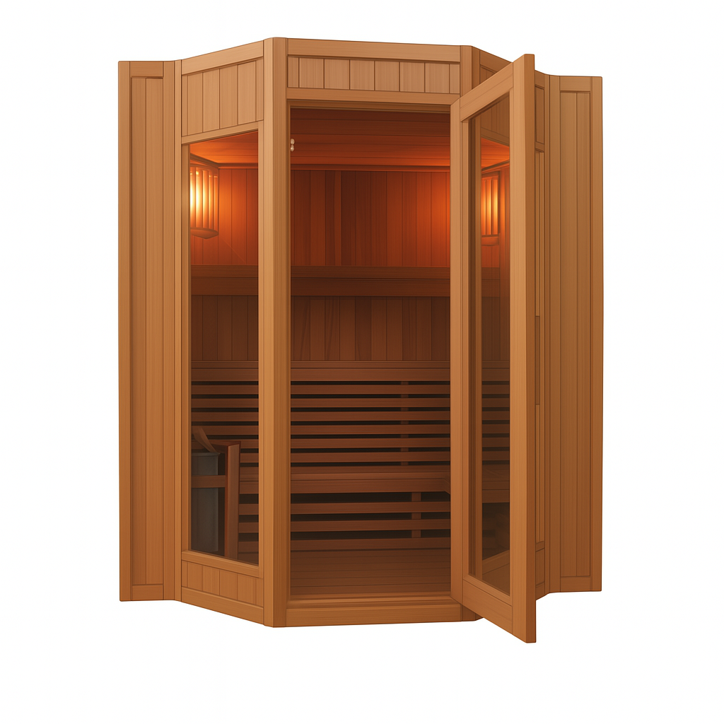 SunRay traditional 4-person indoor sauna with wooden interior and glass door open