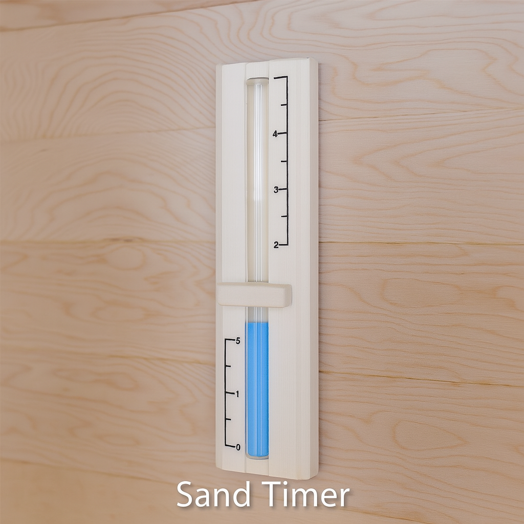 SunRay traditional 4-person indoor sauna sand timer mounted on light wood wall