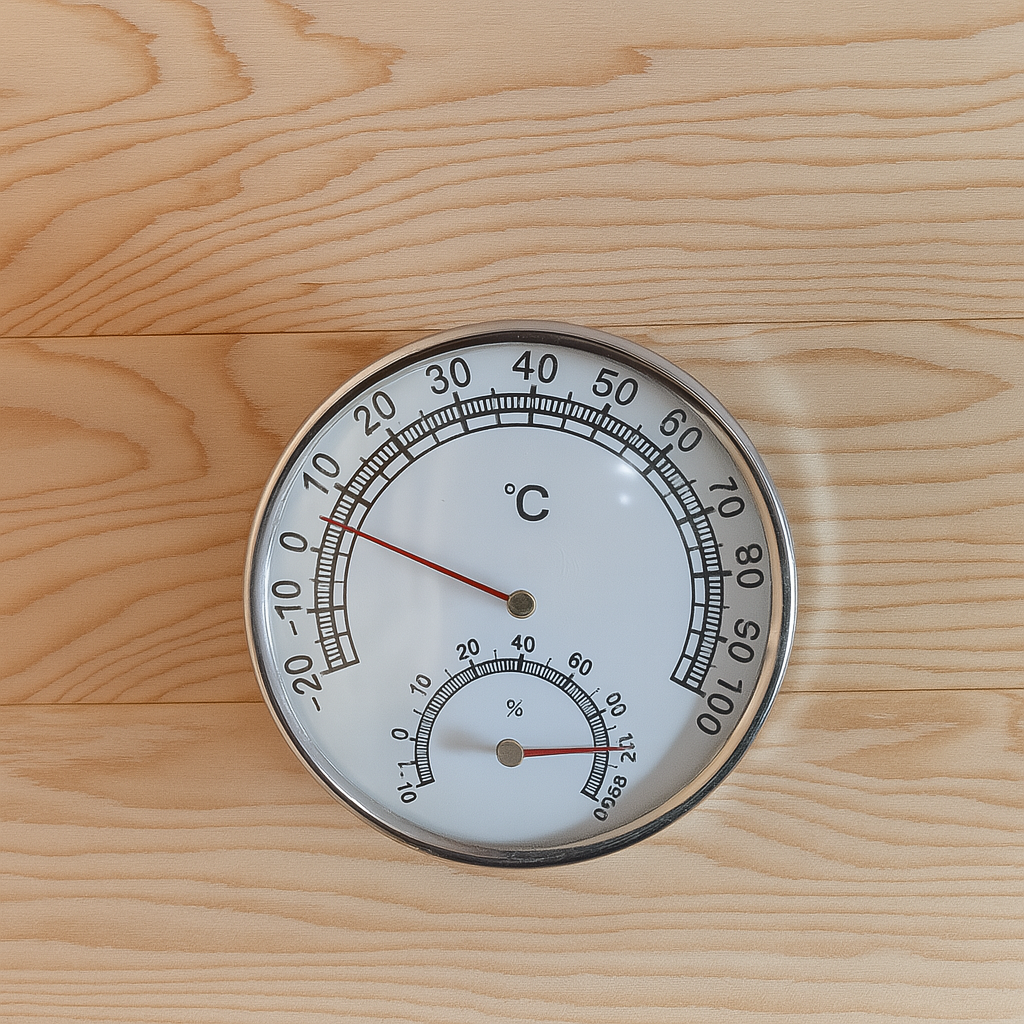 Temperature and humidity gauge inside SunRay 4-person indoor sauna with wooden interior