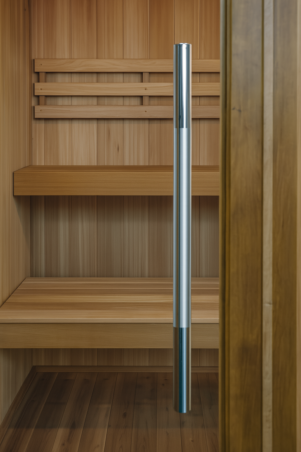 SunRay traditional 4-person indoor sauna with wooden benches and modern stainless steel handle