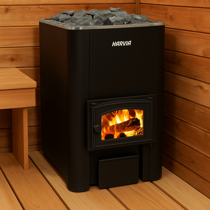Harvia 50 wood burning sauna heater with stone top and firewood compartment for a traditional sauna experience