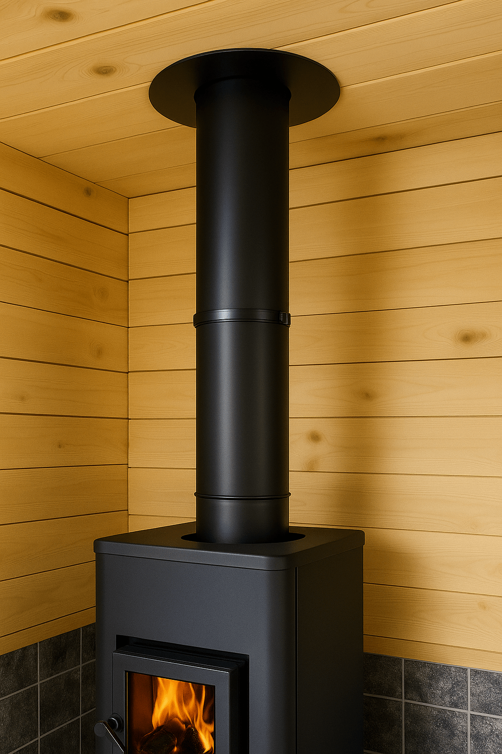 Harvia black steel chimney extension kit installed on a modern wood stove in a cozy sauna setting