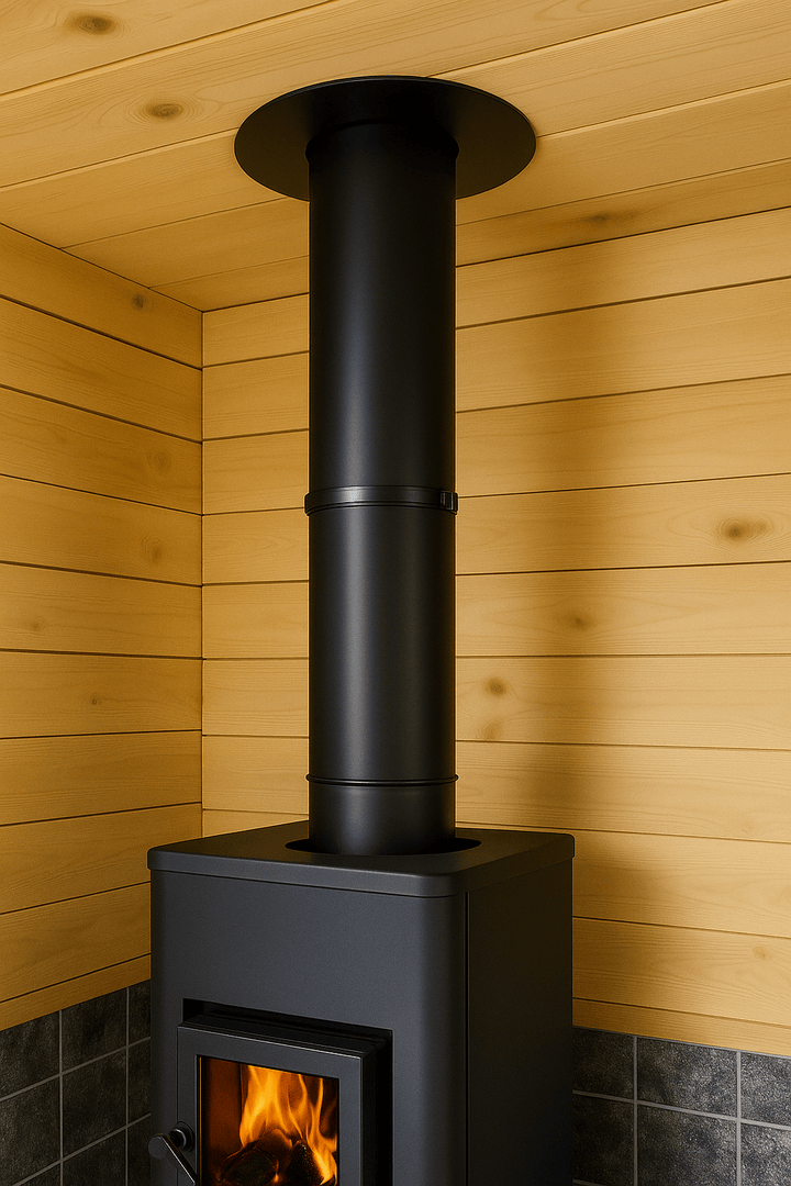 Harvia black steel chimney extension kit installed on a modern wood stove in a cozy sauna setting