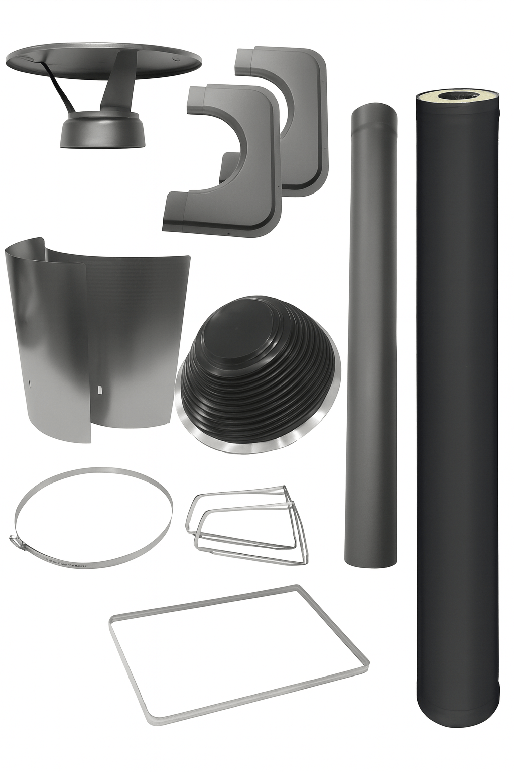 Harvia black steel chimney extension kit with various components for easy installation