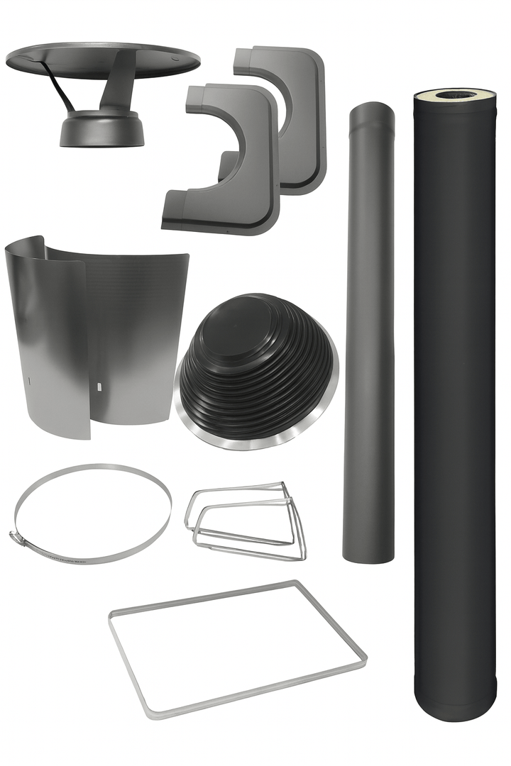Harvia black steel chimney extension kit with various components for easy installation
