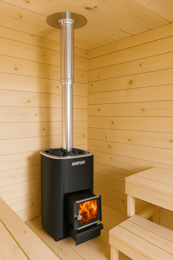 Harvia chimney extension package for sauna stove with a sleek silver chimney and stylish black base