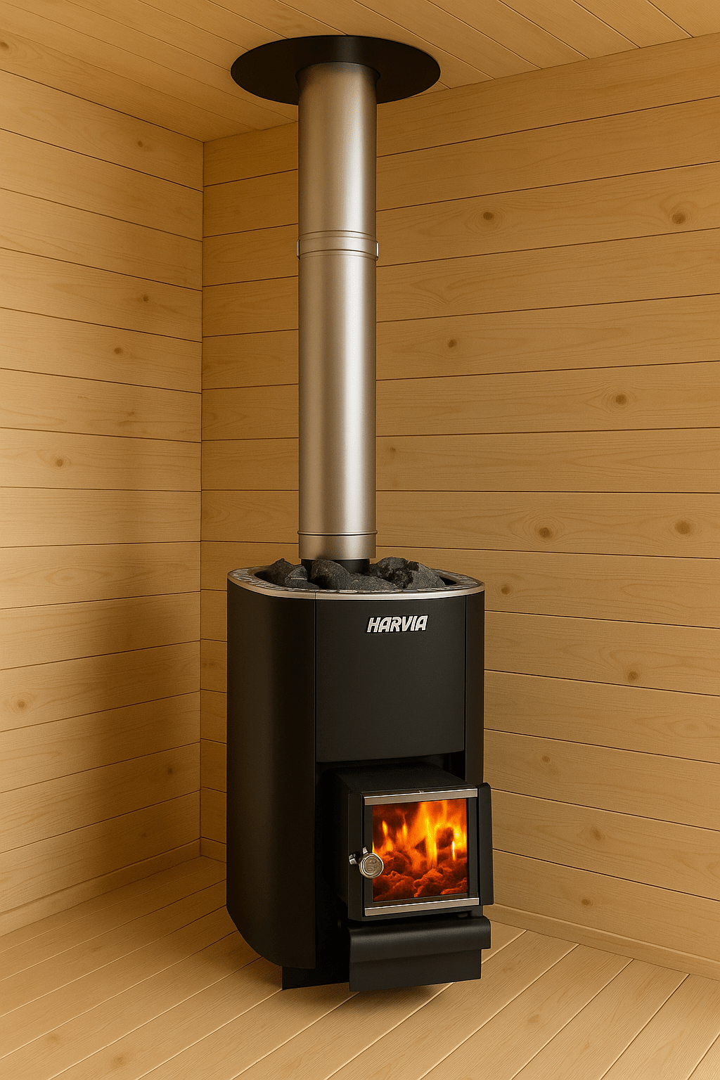 Harvia chimney extension package for enhancing sauna stove efficiency and heat distribution