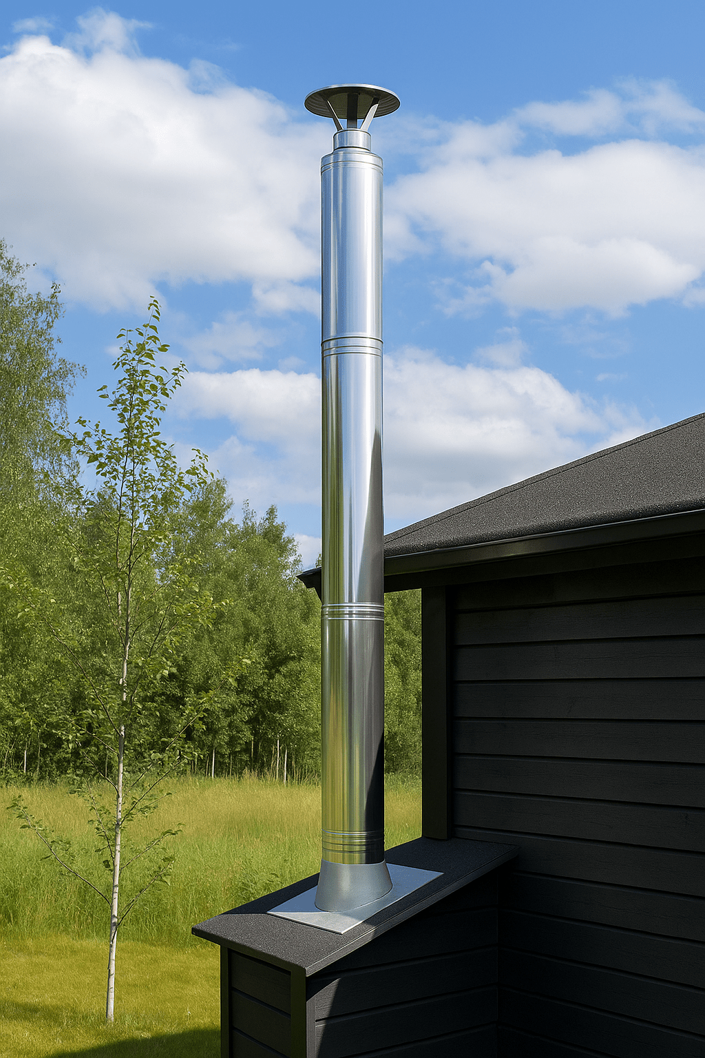 Harvia chimney extension package with a sleek metal design installed on a black wooden shed