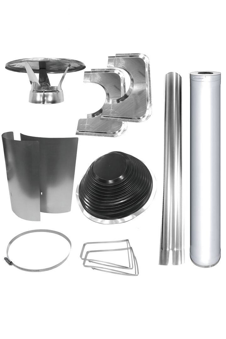 Harvia chimney extension package with various components for efficient chimney installation and performance