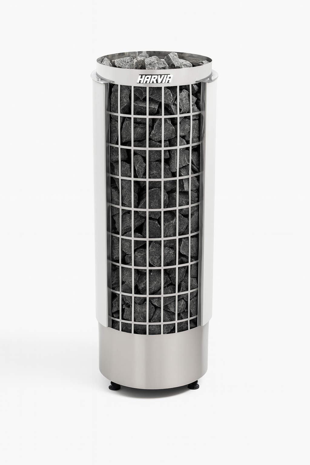 Harvia Cilindro PC60E electric sauna heater featuring a sleek design with a stone compartment