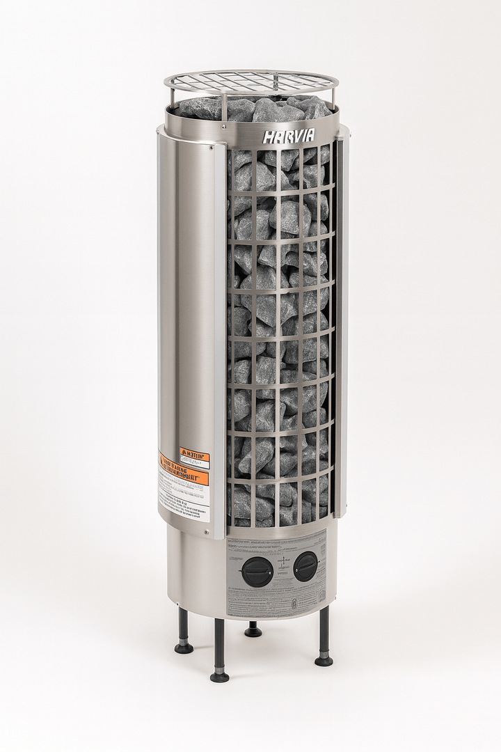 Harvia Cilindro PC90 sauna heater with a stainless steel design and large stone capacity for optimal heating