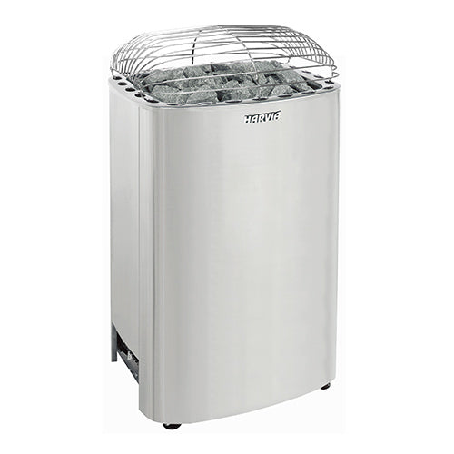 Harvia Club K10G sauna heater with stainless steel body and protective grill filled with sauna stones