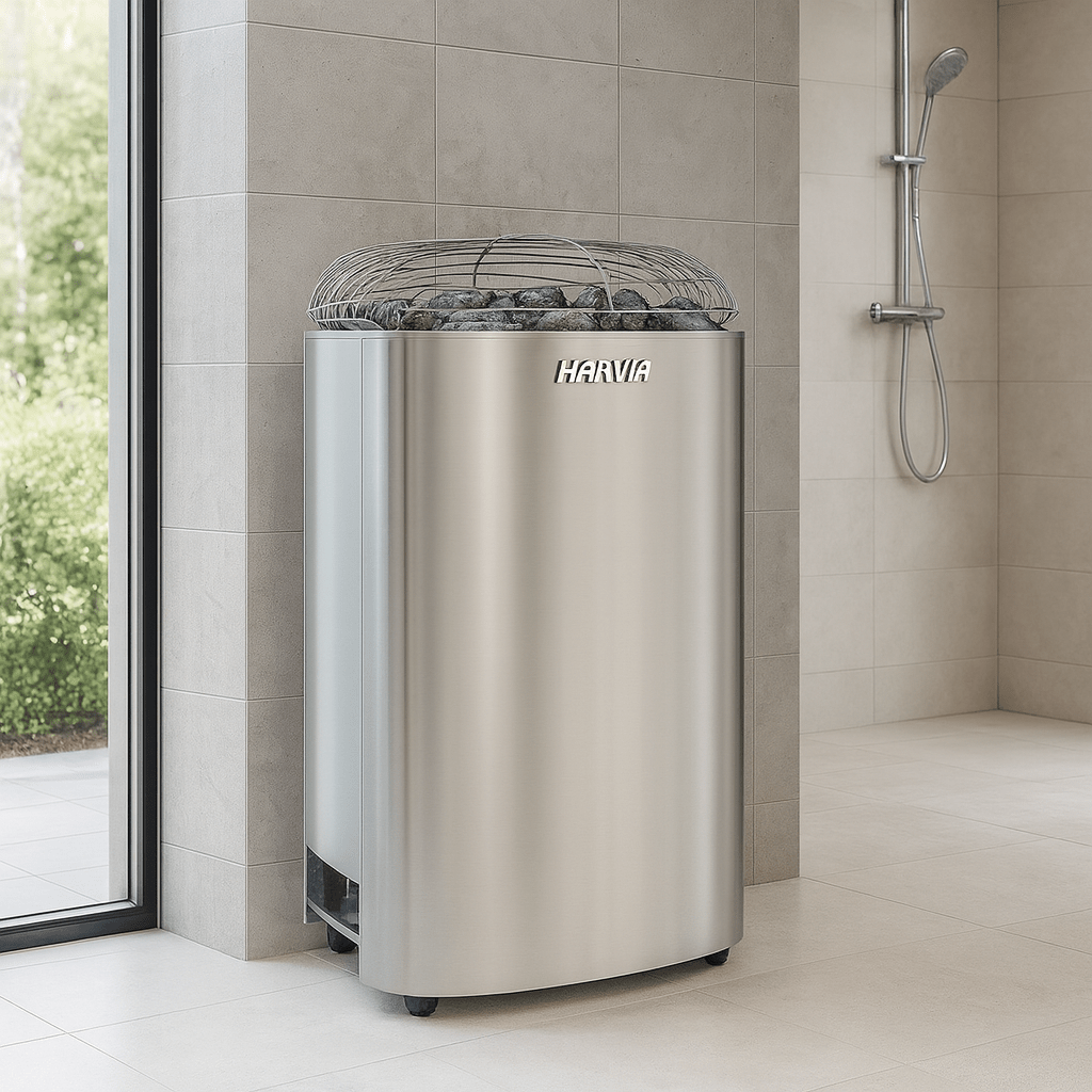 Harvia Club K15G 15kW sauna heater in sleek stainless steel design for efficient heat distribution