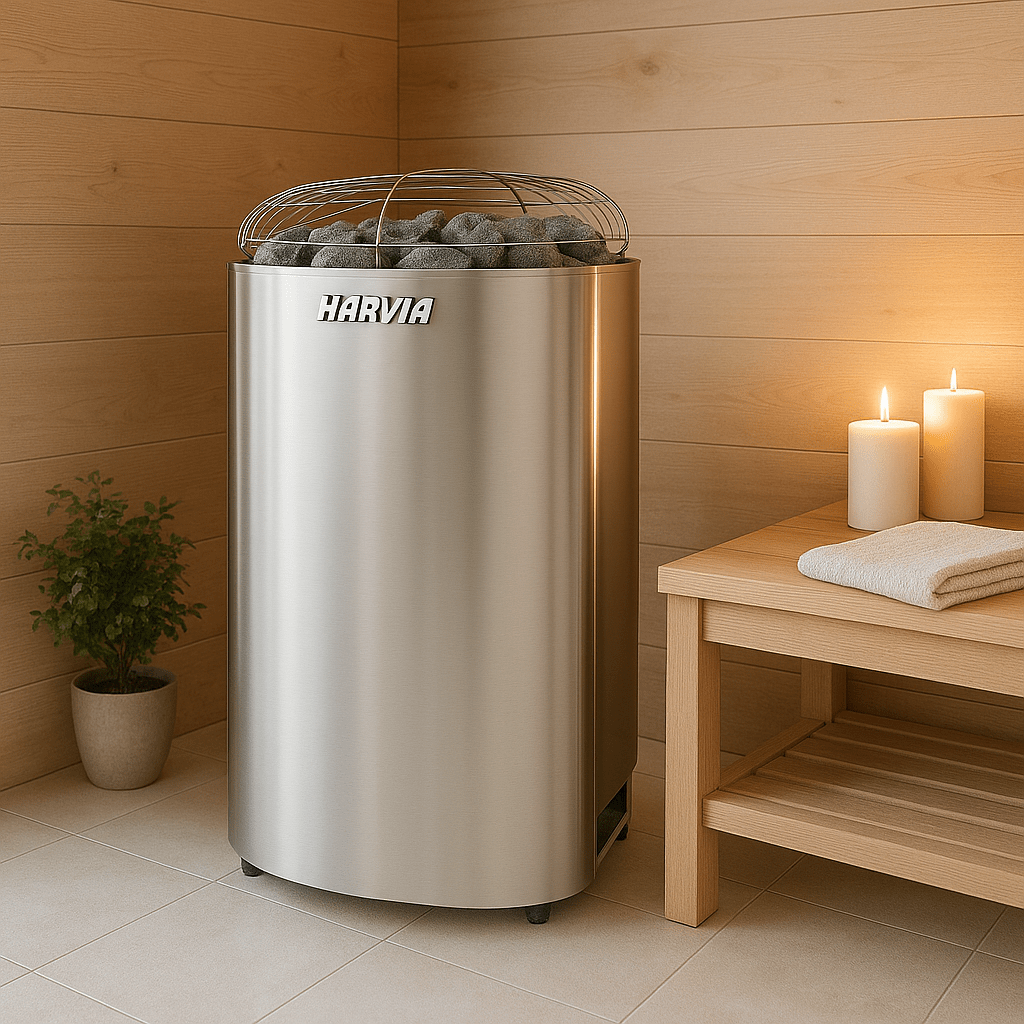 Harvia Club K15G 15kW sauna heater in a wooden sauna, featuring a modern design with sauna stones