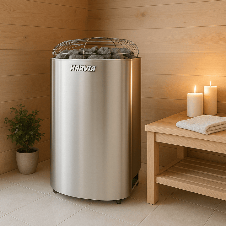Harvia Club K15G 15kW sauna heater in a wooden sauna, featuring a modern design with sauna stones
