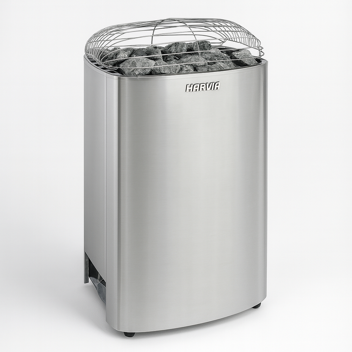 Harvia Club K15G 15kW sauna heater with stainless steel body and sauna stones on top