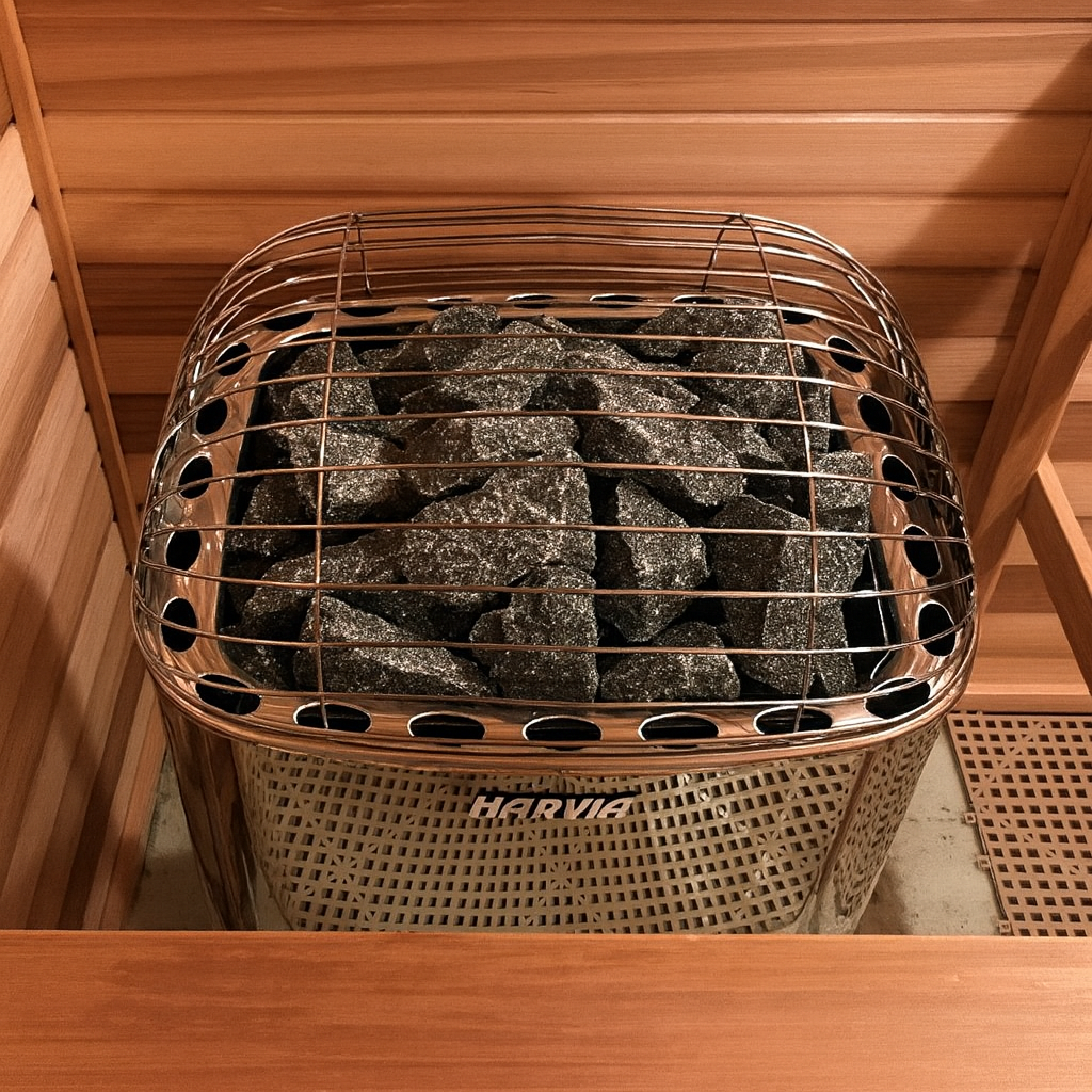 Harvia Club K15G 15kW sauna heater with sauna stones inside a wooden sauna room