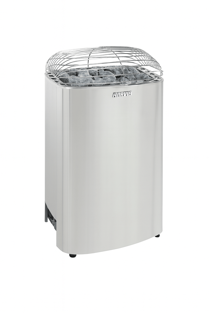 Harvia Club sauna heater featuring a sleek stainless steel design and stone holder for optimal heating