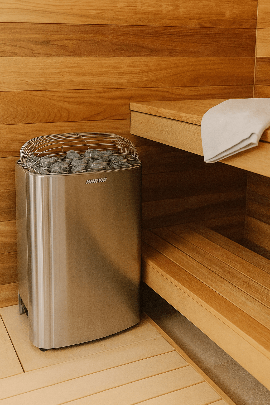 Harvia Club sauna heater in stainless steel design placed in a wooden sauna interior