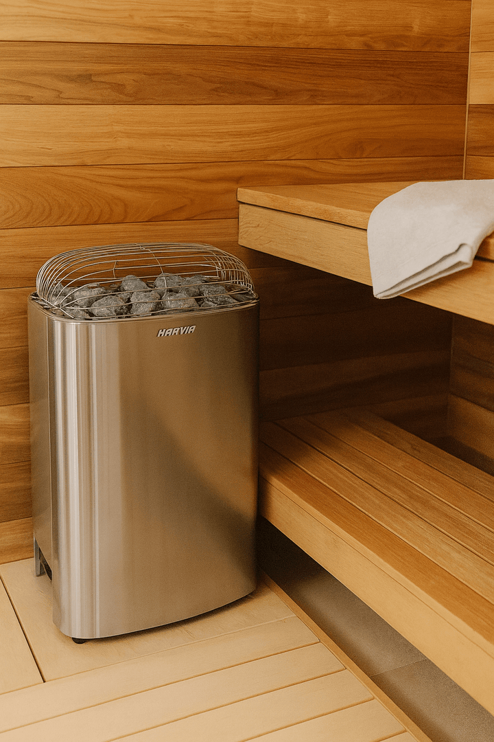 Harvia Club sauna heater in stainless steel design placed in a wooden sauna interior