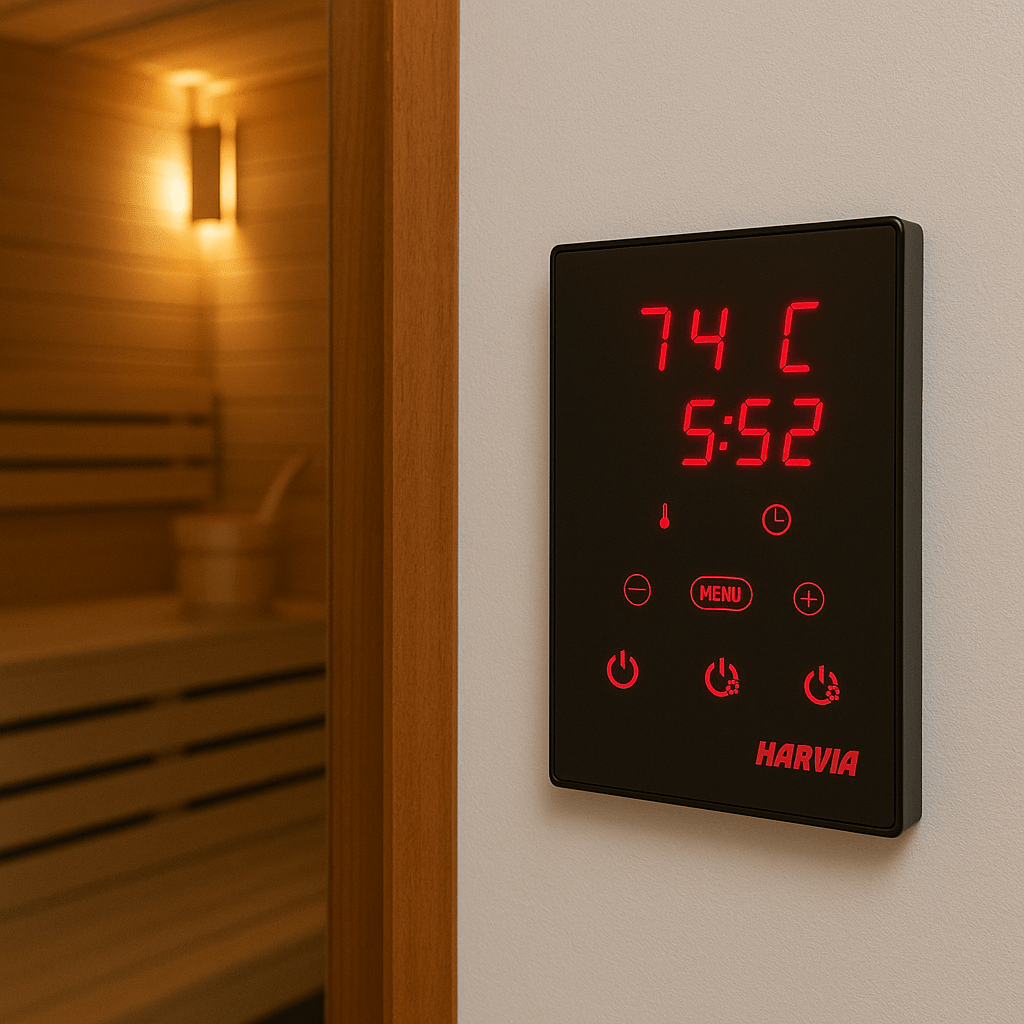 Harvia CX170 Wi-Fi sauna controller displaying temperature and time settings in a sauna environment