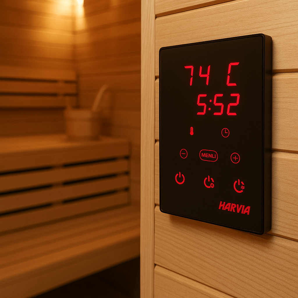 Harvia CX170 Wi-Fi sauna controller mounted on sauna wall displaying temperature and timer settings