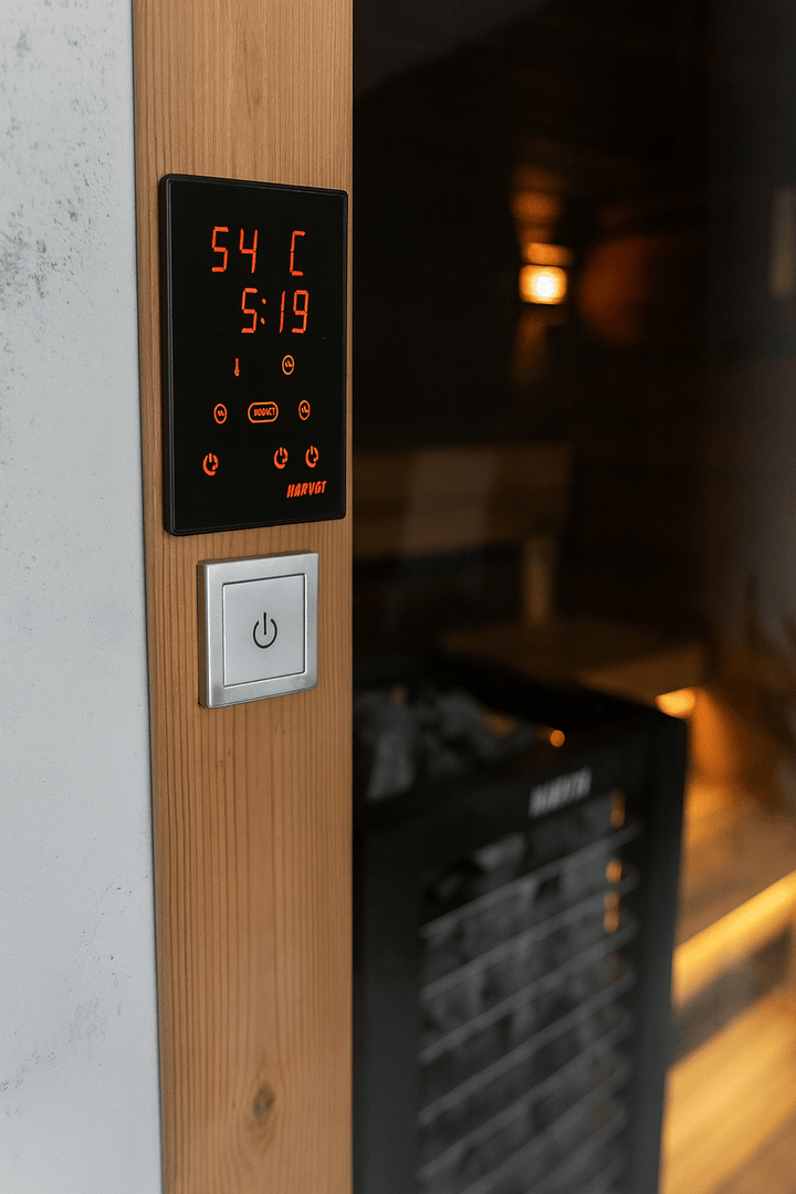 Harvia CX30C-U1 control package displayed on a sauna wall for temperature and timer settings
