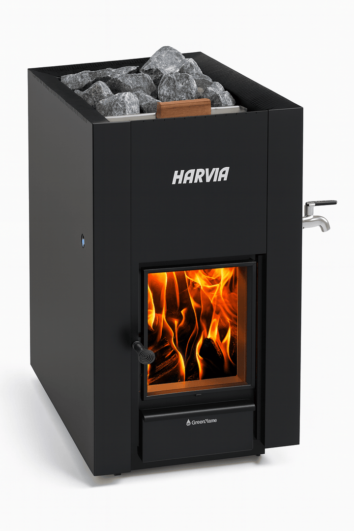 Harvia GreenFlame Wood Stove with a glass door showing flames and stone heater on top