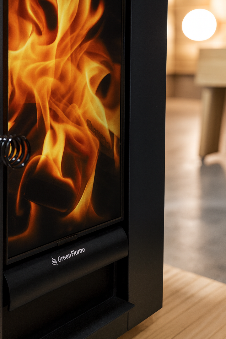 Harvia GreenFlame Wood Stove sauna heater with visible flames in modern sauna room