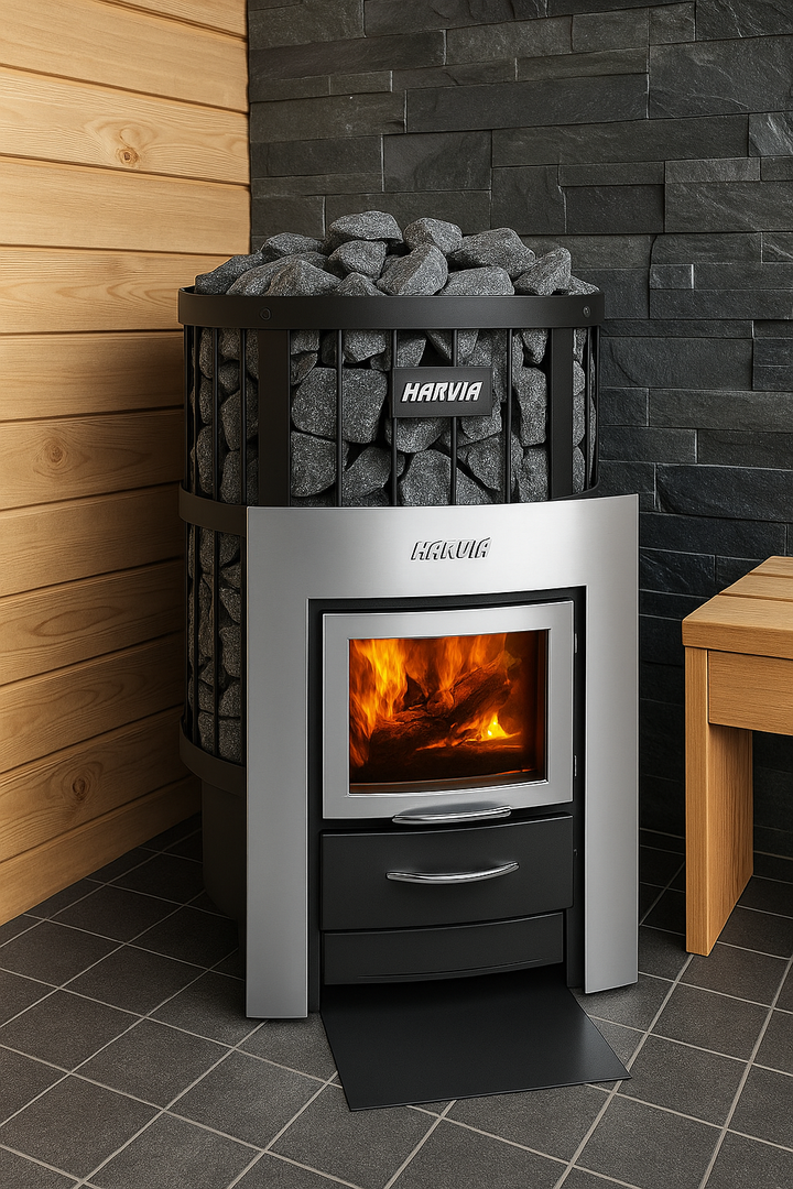Harvia 240 Duo sauna heater wood burning stove with visible fire and stones in modern wooden sauna