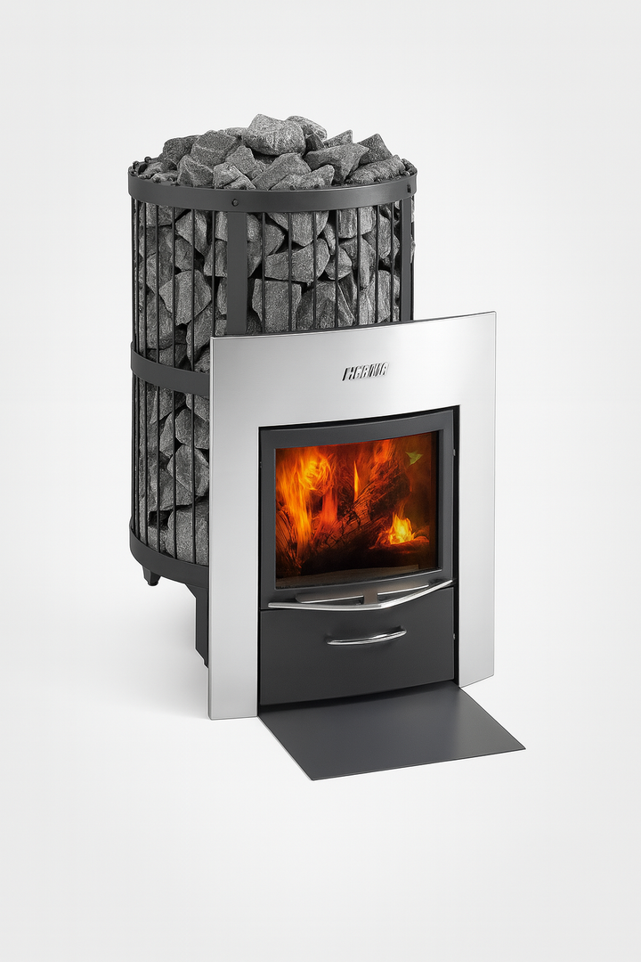 Harvia 240 Duo sauna heater wood burning stove with visible fire and large sauna stone basket
