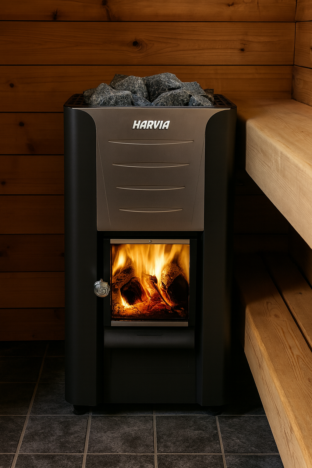 Harvia 26 Pro sauna heater wood burning stove with visible flame and stones in wooden sauna