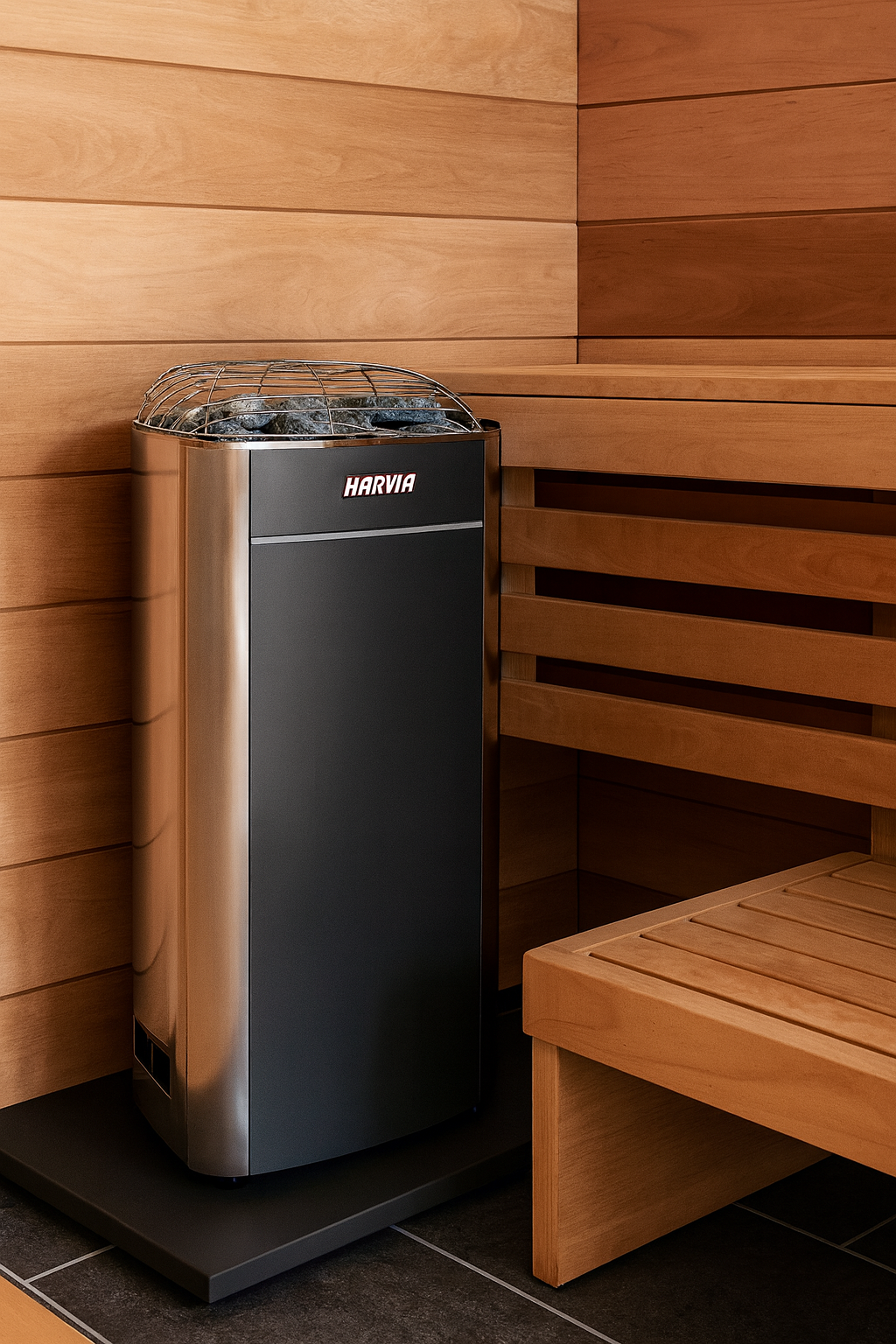 Harvia 26 Pro sauna heater in stainless steel with stones beside wooden sauna benches and cedar walls