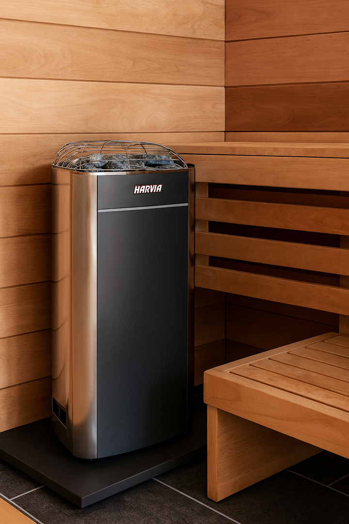 Harvia 26 Pro sauna heater in stainless steel with stones beside wooden sauna benches and cedar walls
