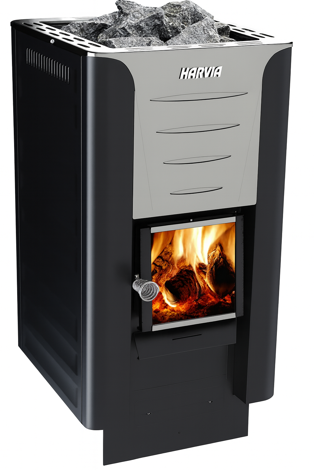 Harvia 26 Pro sauna heater wood burning stove with sauna stones on top and glass door showing flames