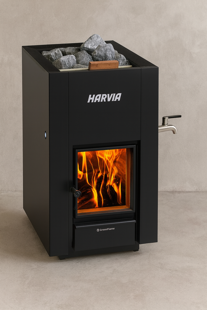 Harvia 36 Pro wood burning sauna heater in black with glass door showing flames and top stone compartment
