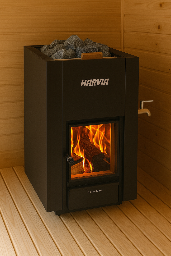 Harvia 36 Pro wood burning sauna heater with visible fire through glass and sauna stones on top