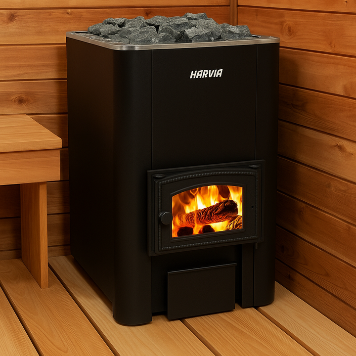 Harvia 50 wood burning sauna heater with visible flames and sauna stones in a wood paneled sauna