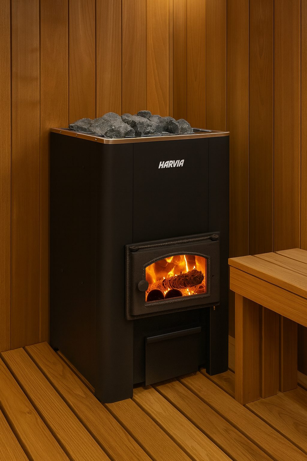 Harvia 50 wood burning sauna heater with visible fire and sauna stones in wooden paneled room with bench