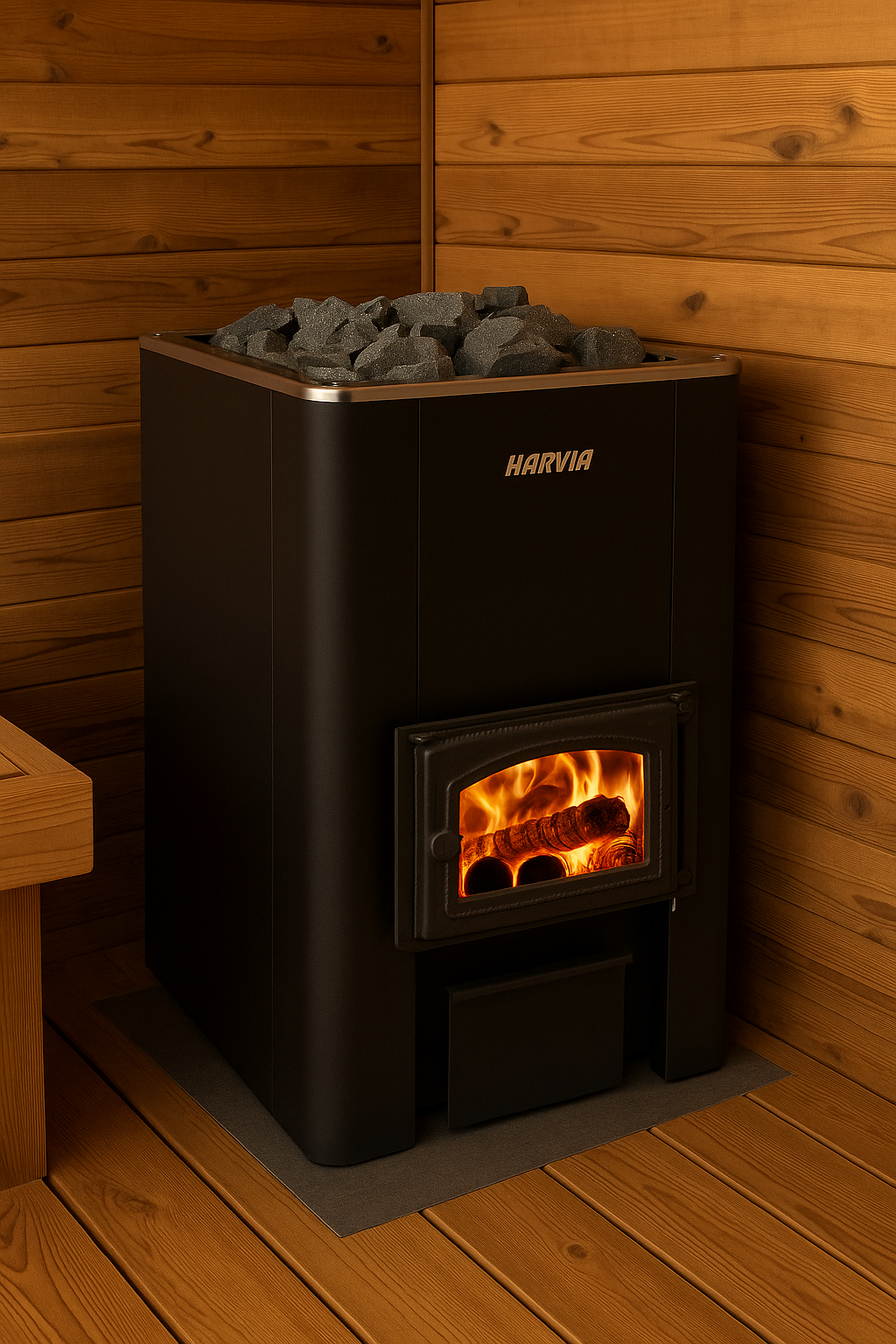 Black Harvia 50 wood burning sauna heater with visible fire and sauna stones in wooden sauna interior