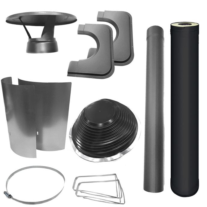 Harvia black steel chimney extension kit showing black insulated pipe, rain cap, roof flashings, supports and mounting brackets