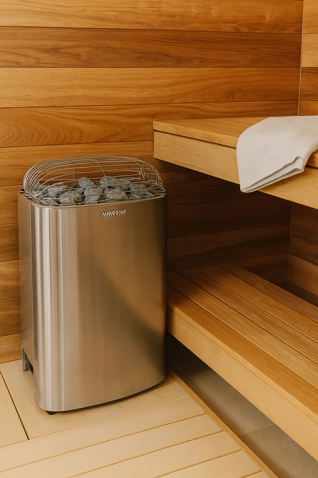 Harvia Club K10G sauna heater stainless steel with stones inside placed in wooden sauna beside bench
