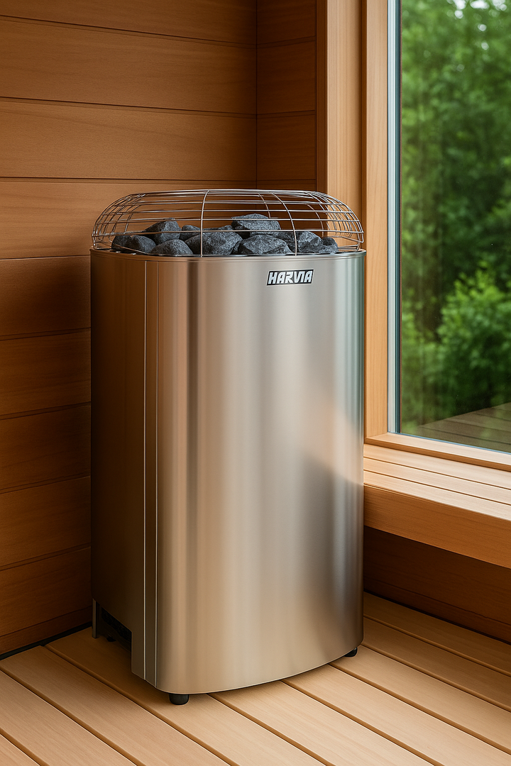 Stainless steel Harvia Club K10G sauna heater with stones in wooden sauna corner by window